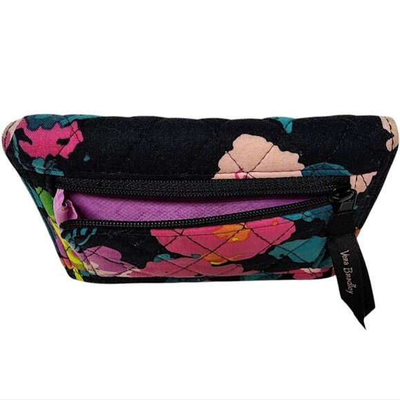 Vera Bradley Euro Wallet Black Hilo Meadow Magenta Quilted Fabric Fold Over Snap - Picture 3 of 10